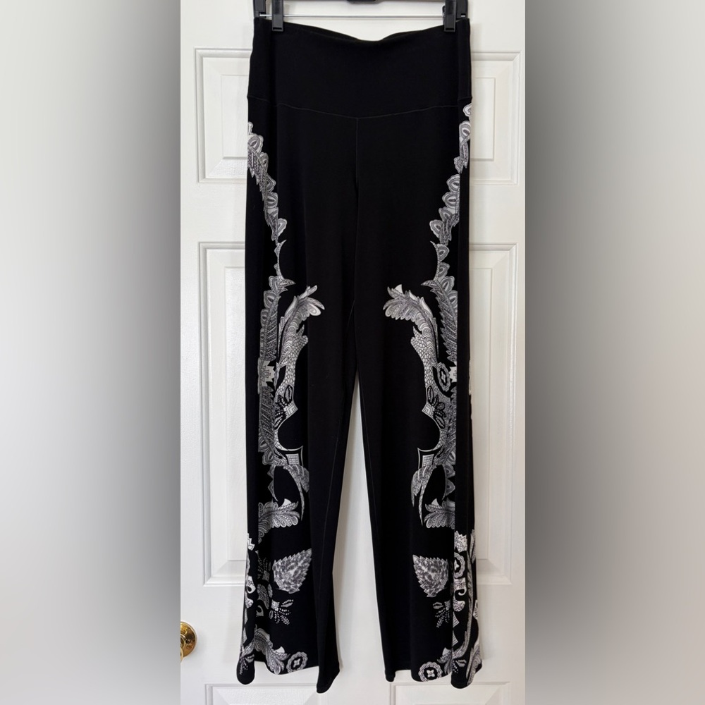 Eva Varro Palazzo Black Pants with White Paisley Border Print.